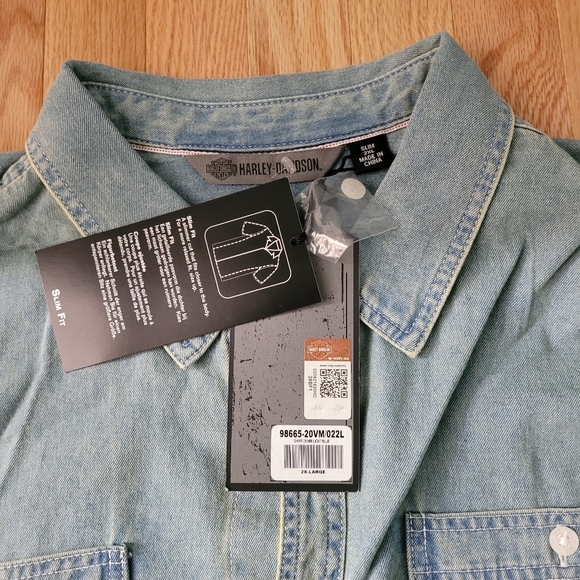Men's XXL Sky Blue Denim Harley Davidson Button Up - Picture 3 of 5